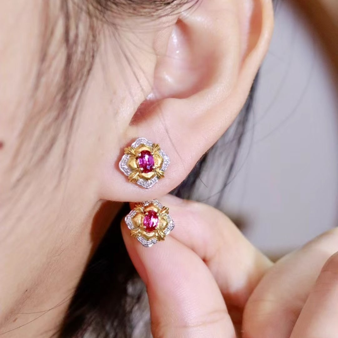 14k Gold 0.63 Ctw Natural Ruby & Diamond Earrings - 5