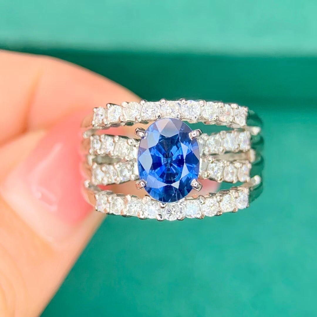 14k Gold 1.6 Ctw Natural Sapphire & Diamond Ring: Ref:230970306 // gold content:14k gold // ring size:7. 25us // // main gemstone:sapphire // shape:oval // carat weight:1. 0ct // color:blue // treatment:natural // // adjacent gemstone 2 : diamond //