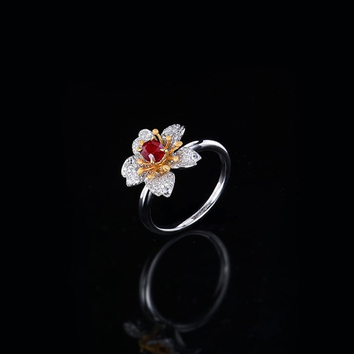 14k Gold 0.95 Ctw Natural Ruby & Diamond & Flowers Ring - 2