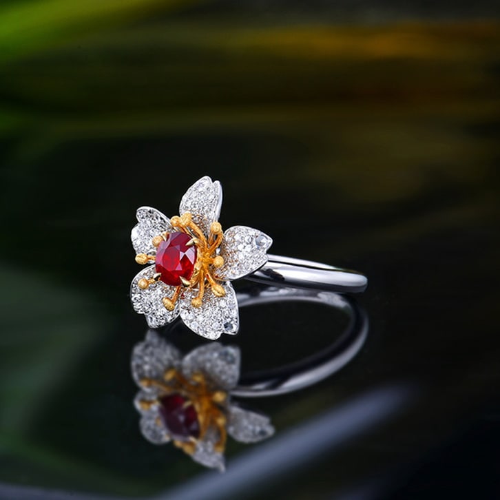 14k Gold 0.95 Ctw Natural Ruby & Diamond & Flowers Ring - 3