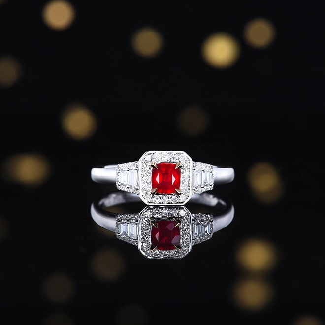 14k Gold 0.62 Ctw Natural Ruby & Diamond Ring: Ref:230970328 // gold content:14k gold // ring size:7. 25us // // main gemstone:ruby // shape:cushion // carat weight:0. 37ct // color:pigeonblood red // treatment:natural // // adjacent gemstone 2 :