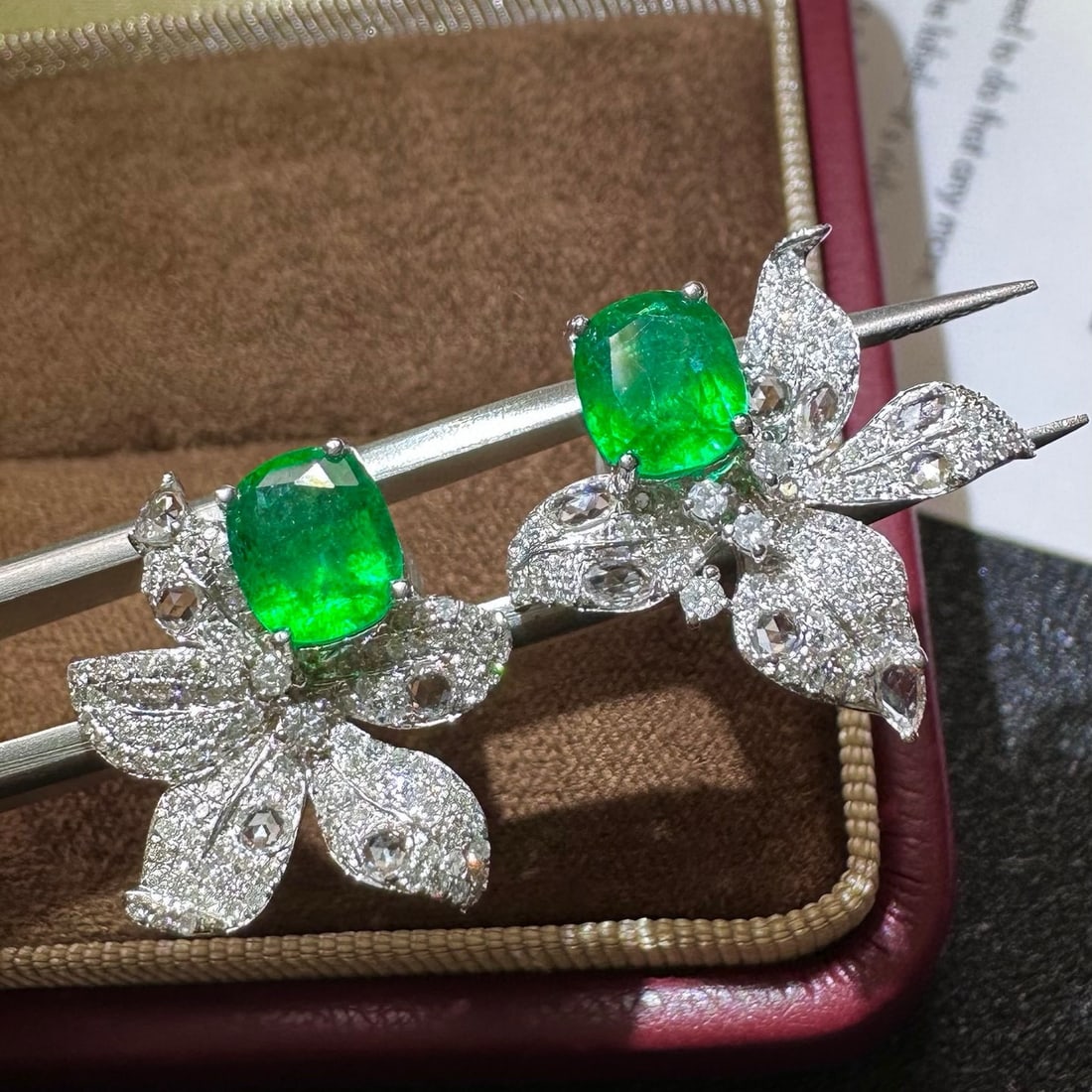 14k Gold 1.73 Ct Vivid Green Natural Emerald & Diamond & Sapphire Earrings - 2