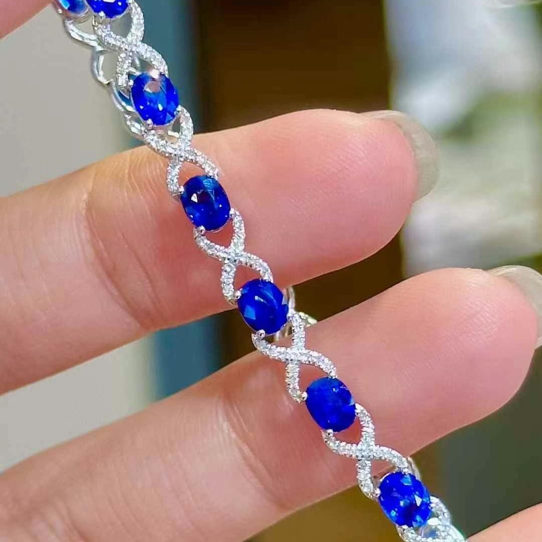 14k Gold 5.57 Ct Natural Sapphire & Diamond Bracelet - 2