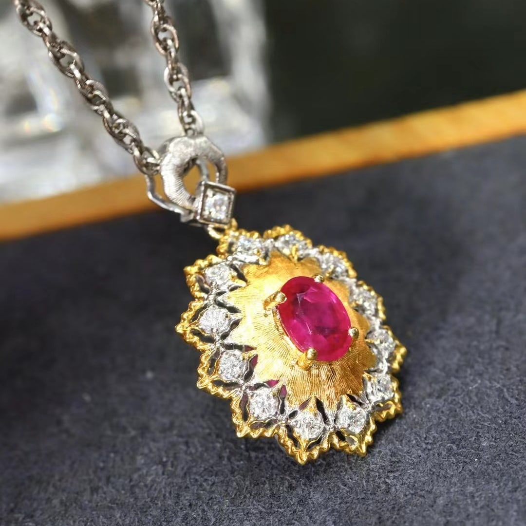 14k Gold 0.88 Ctw Natural Ruby & Diamond Pendant( Without Chain ) - 2