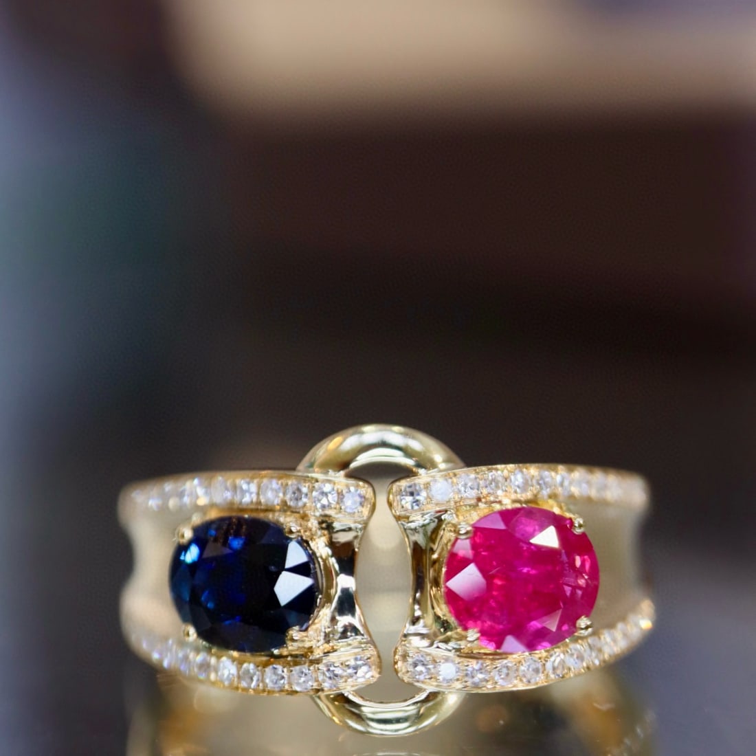 14k Gold 1.23 Ctw Natural Sapphire & Ruby & Diamond Ring: Ref:230970446 // gold content:14k gold // ring size:7. 25us // // main gemstone:sapphire & ruby // shape:oval // carat weight:1. 1ct // color:blue & red // treatment:natural // // adjacent gemstone 2