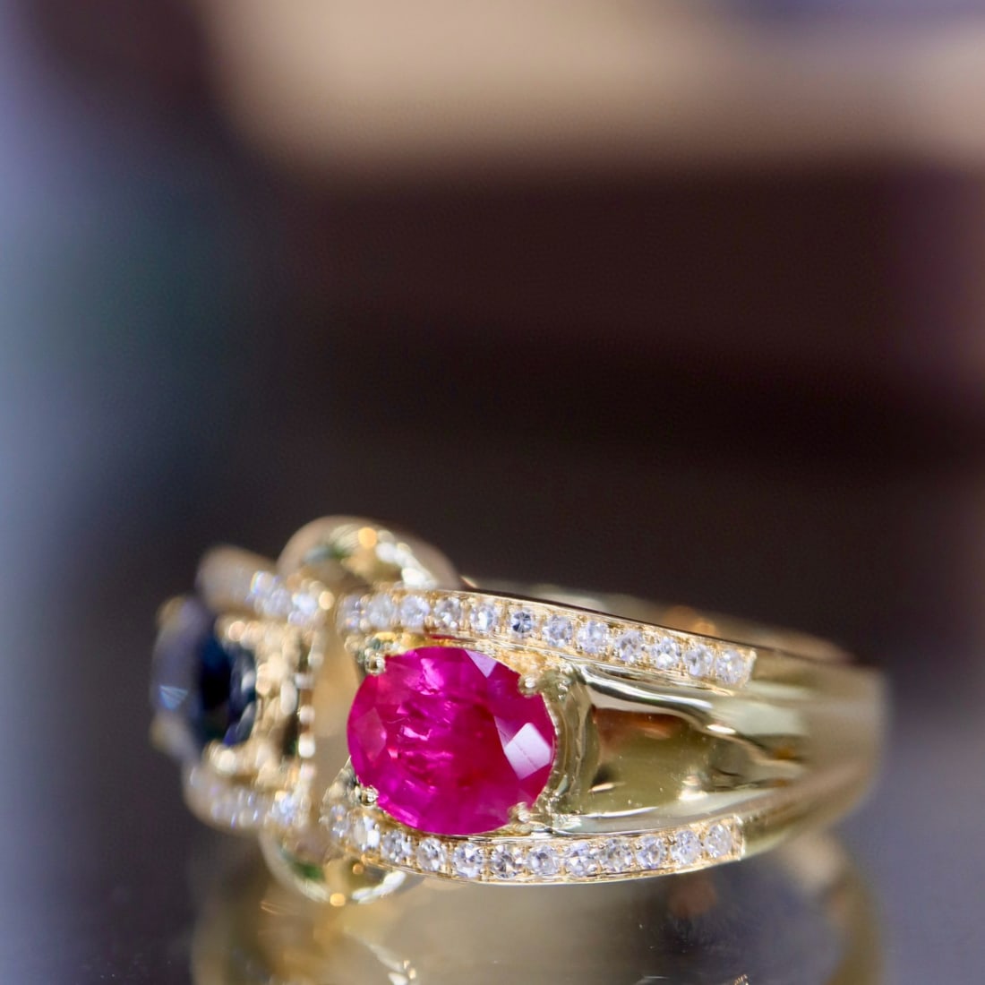 14k Gold 1.23 Ctw Natural Sapphire & Ruby & Diamond Ring - 3