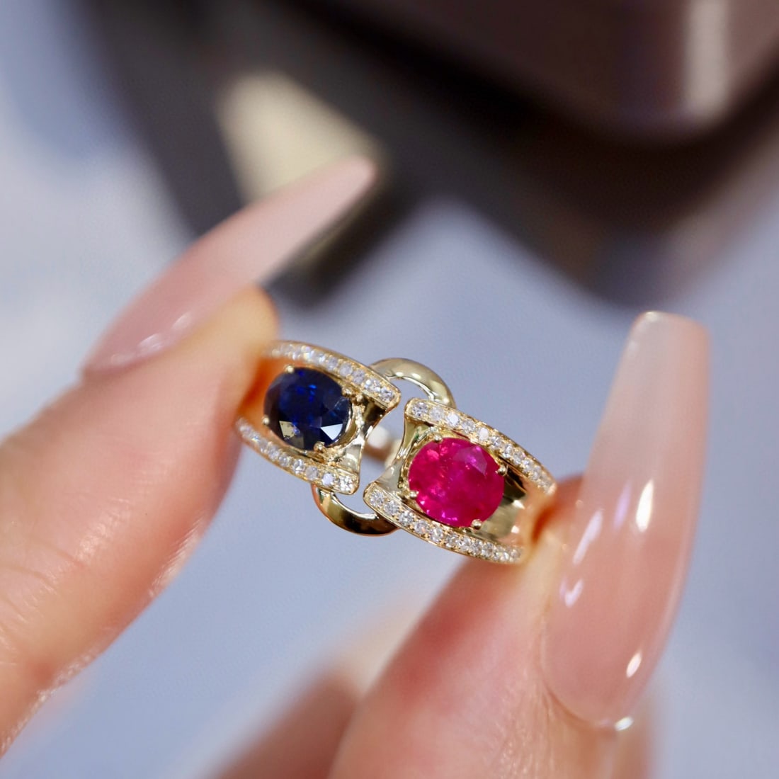 14k Gold 1.23 Ctw Natural Sapphire & Ruby & Diamond Ring - 5