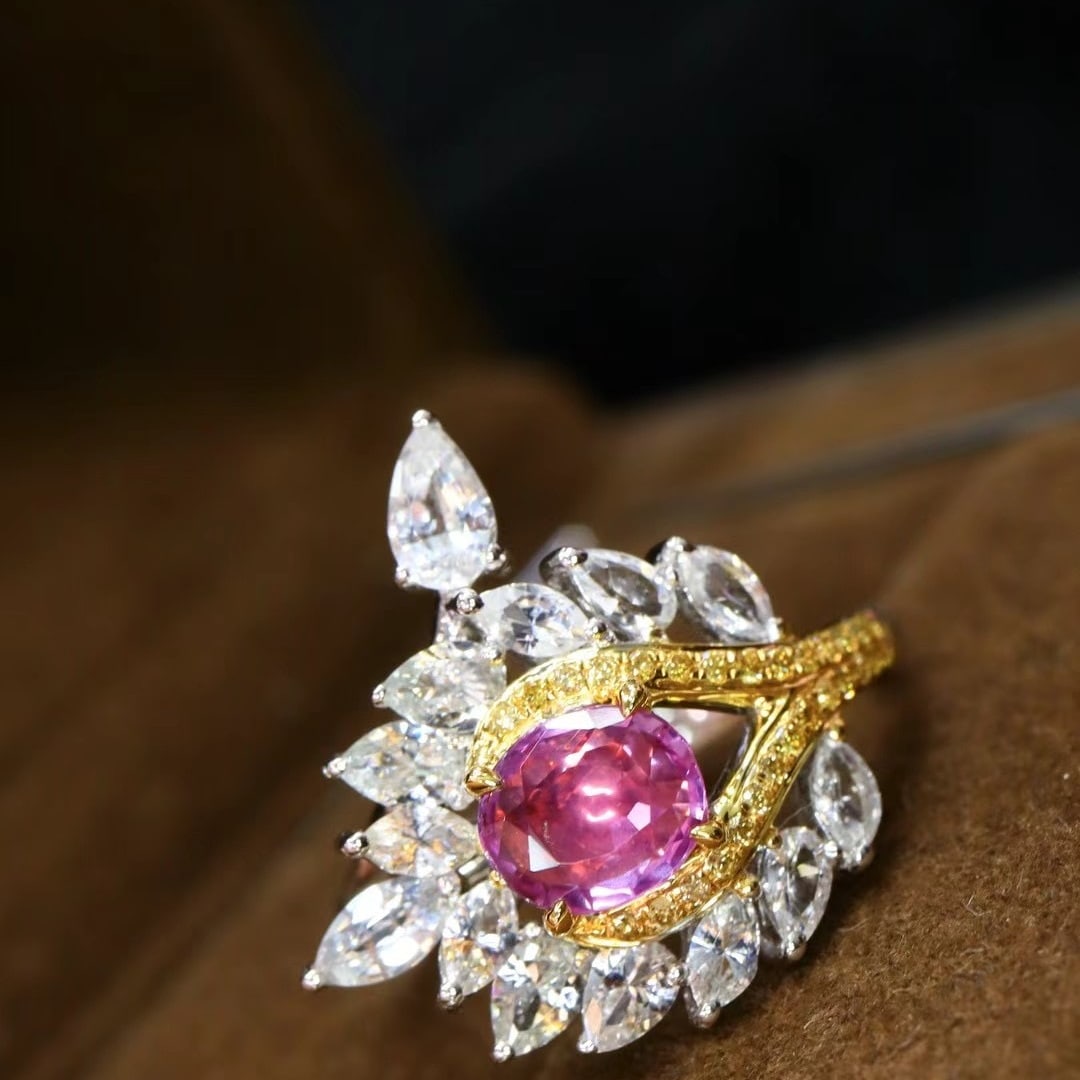 14k Gold 2.09 Ctw Natural Padparadscha Sapphire & Sapphire Ring: Ref:230970261 // gold content:14k gold // ring size:7. 25us // // main gemstone:padparadscha sapphire // shape:oval // carat weight:0. 76ct // color:orangish pink // treatment:natural // // adjacent