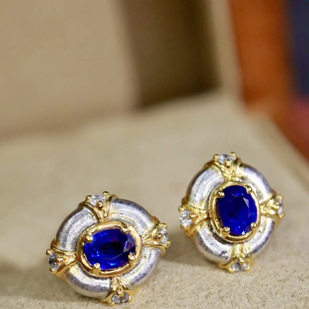 14k Gold 0.70 Ctw Natural Sapphire & Diamond Earrings - 2