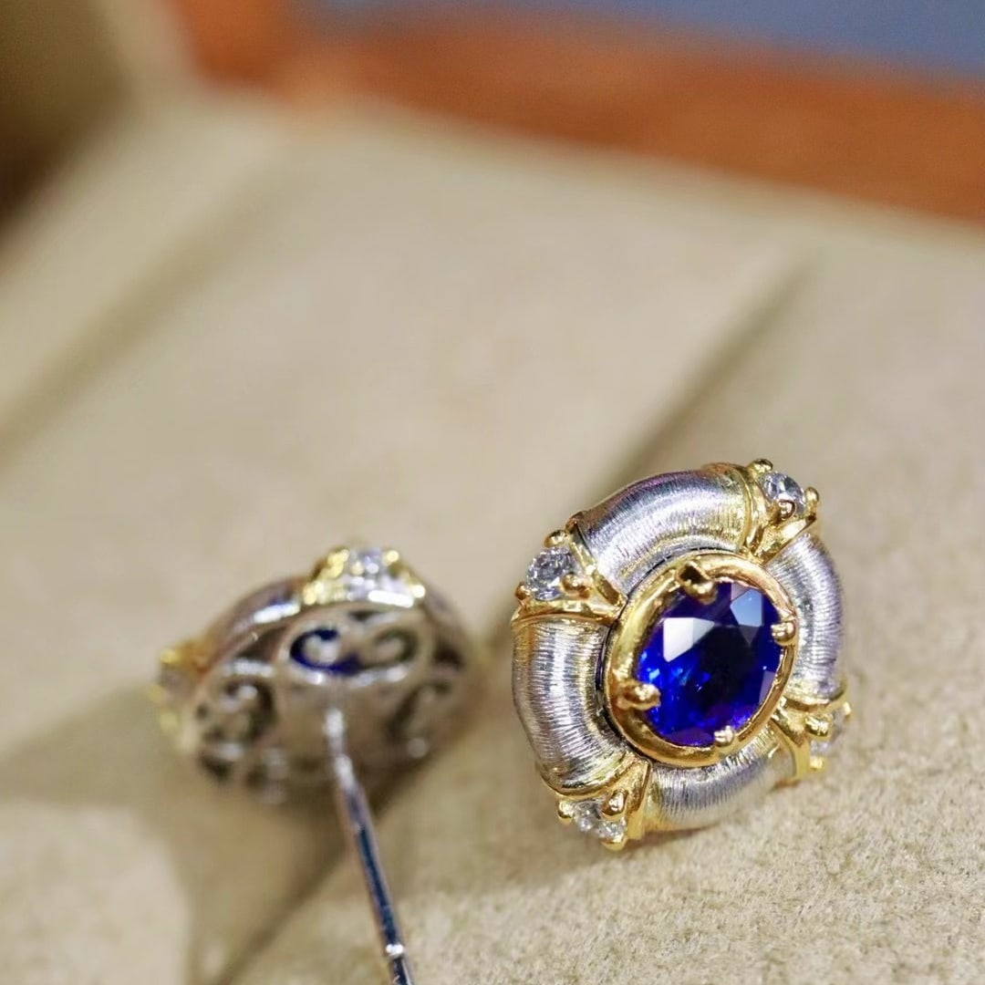 14k Gold 0.70 Ctw Natural Sapphire & Diamond Earrings - 3