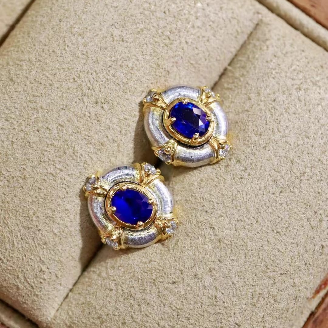 14k Gold 0.70 Ctw Natural Sapphire & Diamond Earrings - 4