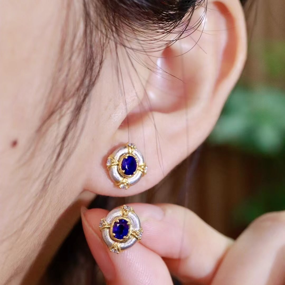 14k Gold 0.70 Ctw Natural Sapphire & Diamond Earrings - 5