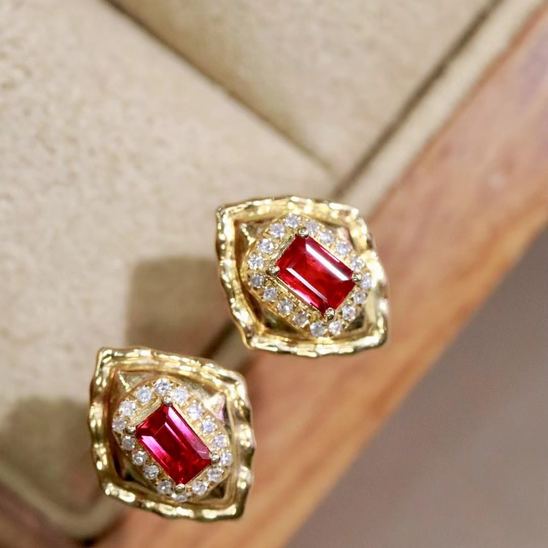 14k Gold 0.39 Ctw Natural Ruby & Diamond Earrings - 2