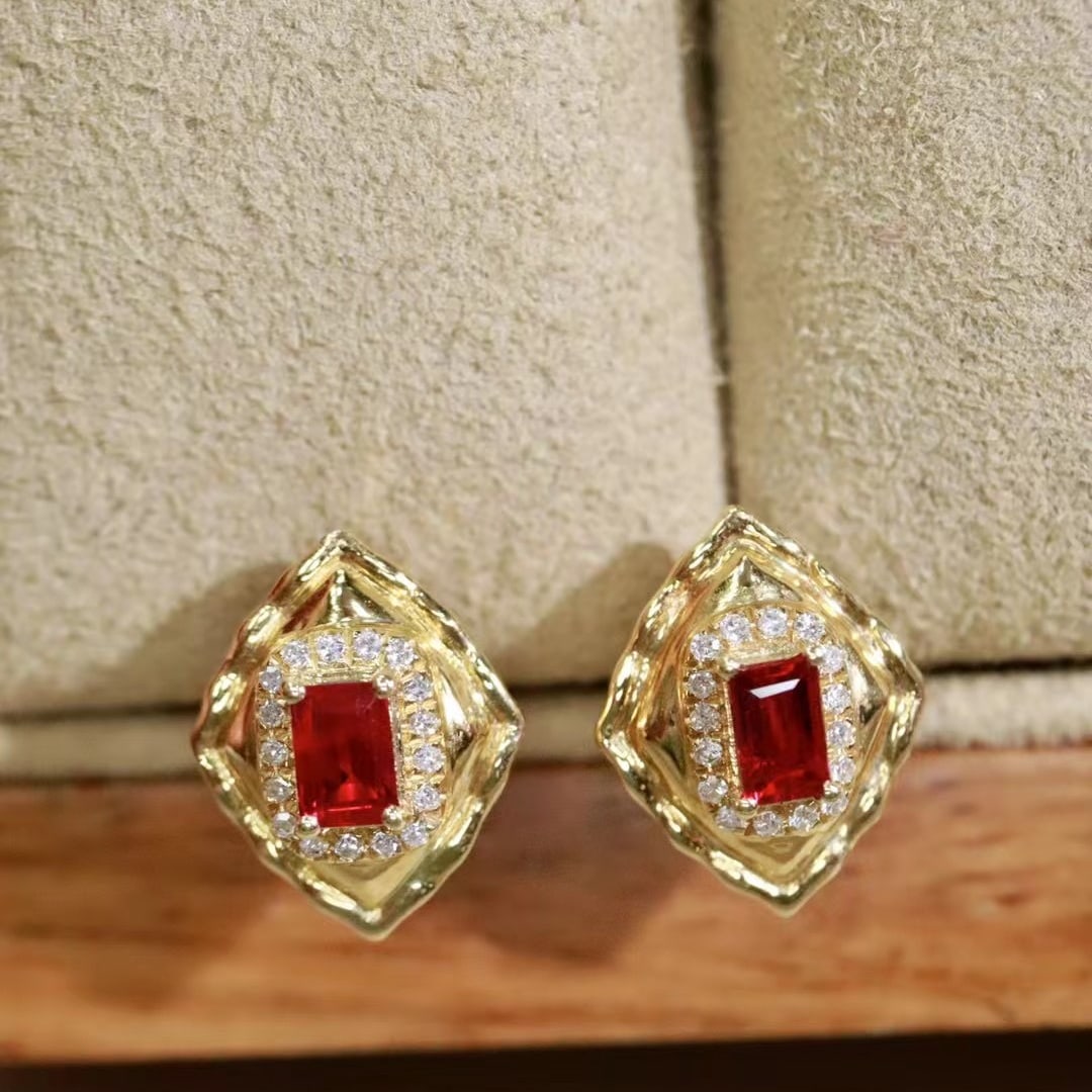 14k Gold 0.39 Ctw Natural Ruby & Diamond Earrings - 3