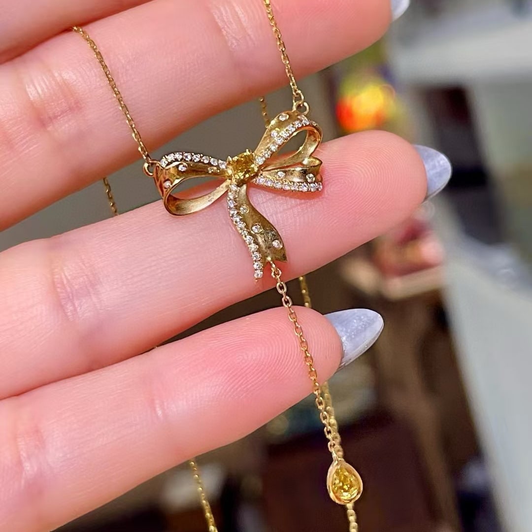 14k Gold 0.42 Ctw Natural Yellow Diamond & Diamond Necklace - 2