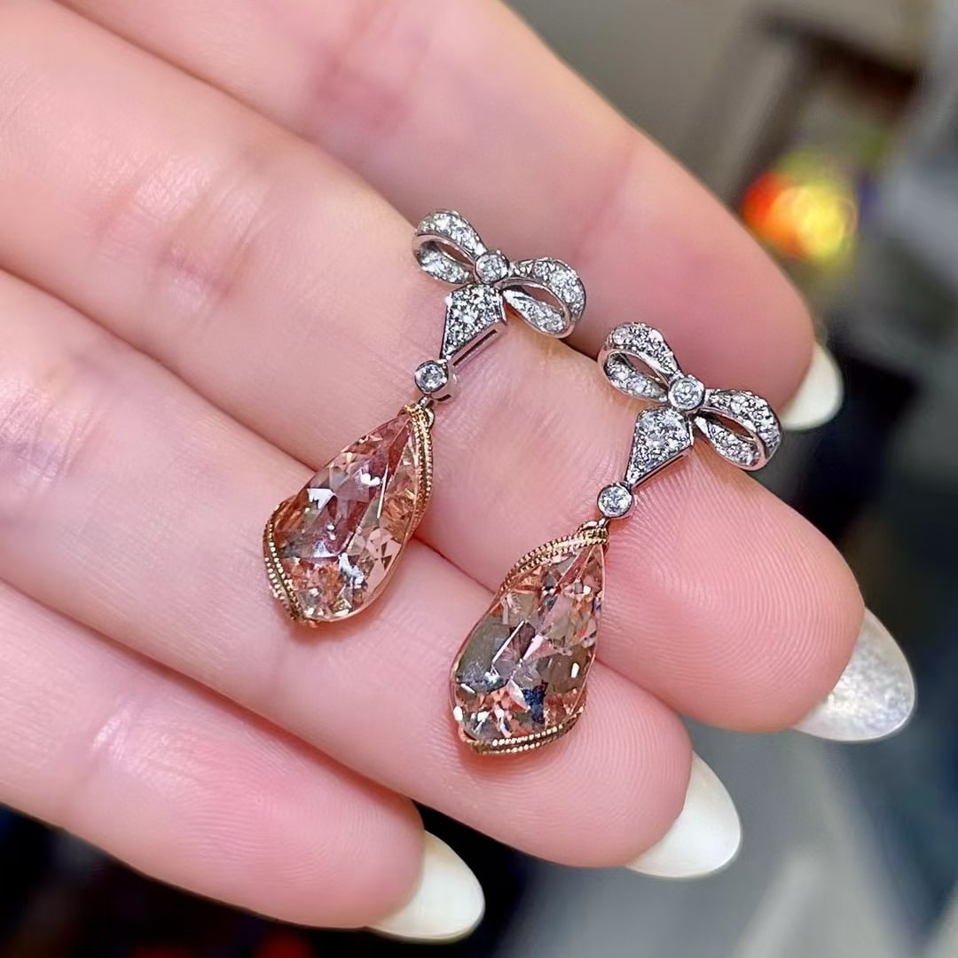 14k Gold 4.66 Ctw Natural Morganite & Diamond Earrings - 3