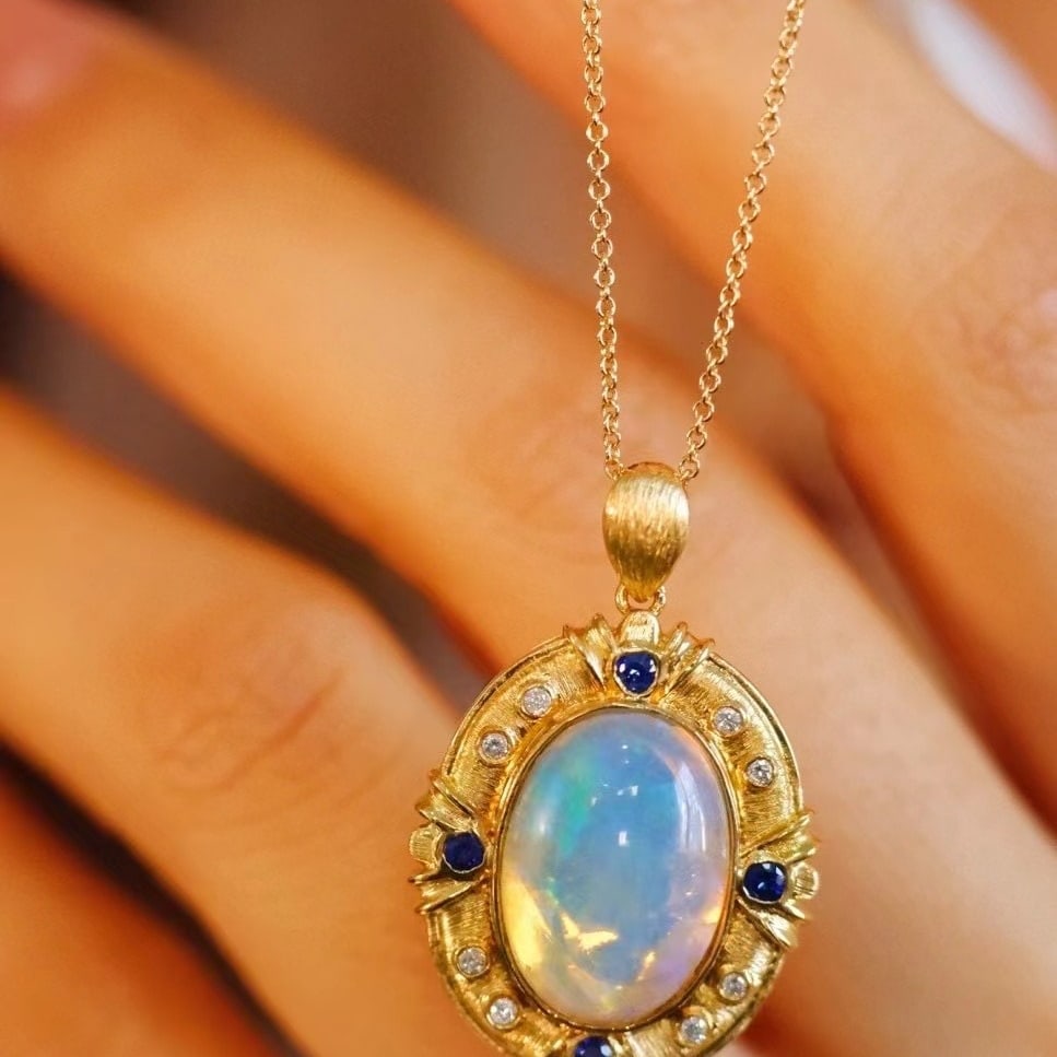 14k Gold 4.37 Ct Natural Opal & Diamond & Sapphire Pendant( Without Chain ) - 2