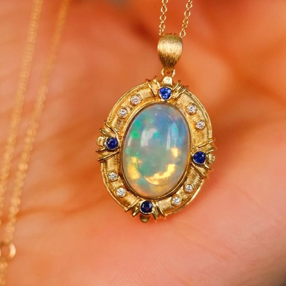 14k Gold 4.37 Ct Natural Opal & Diamond & Sapphire Pendant( Without Chain ) - 3