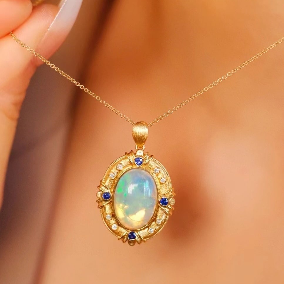 14k Gold 4.37 Ct Natural Opal & Diamond & Sapphire Pendant( Without Chain ) - 4