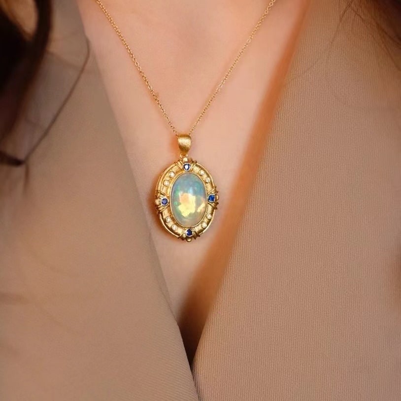14k Gold 4.37 Ct Natural Opal & Diamond & Sapphire Pendant( Without Chain ) - 5