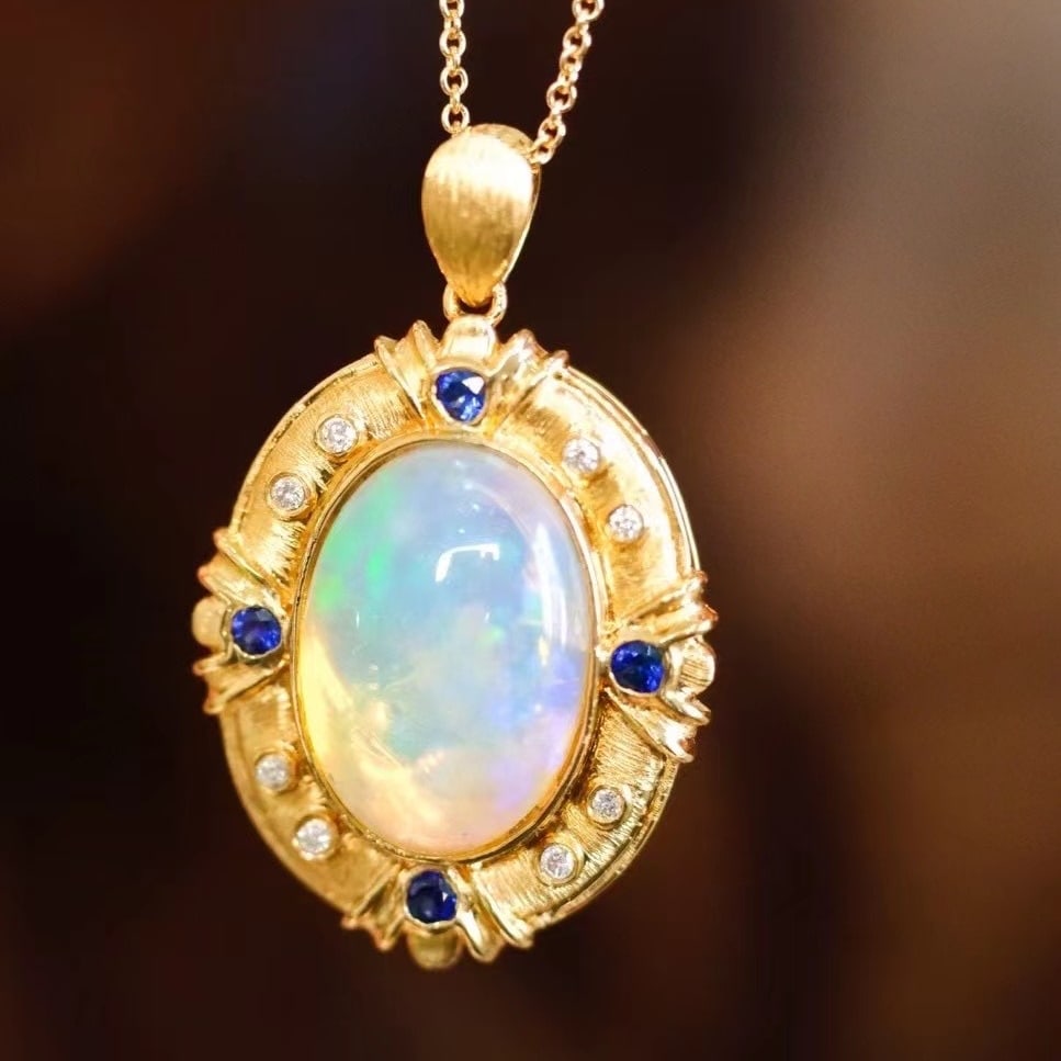 14k Gold 4.37 Ct Natural Opal & Diamond & Sapphire Pendant( Without Chain ) - 6
