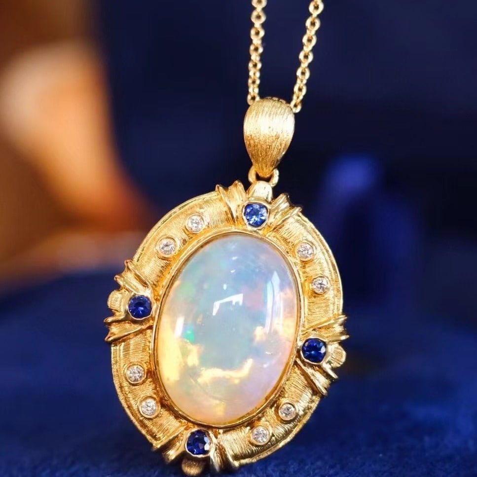 14k Gold 4.37 Ct Natural Opal & Diamond & Sapphire Pendant( Without Chain ) - 7