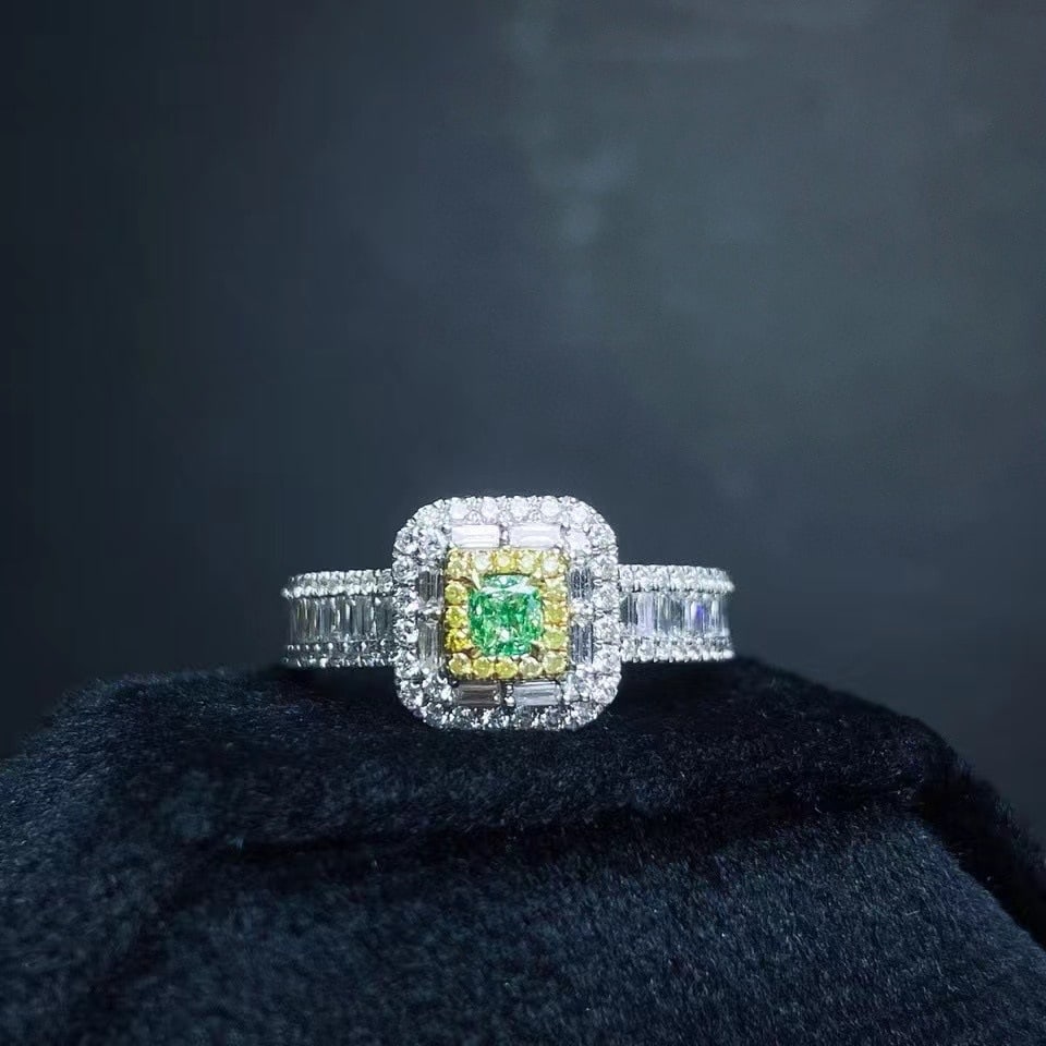 14k Gold 0.99 Ctw Natural Green Diamond & Diamond Ring: Ref:230971003 // gold content:14k gold // ring size:7. 25us // // main gemstone:green diamond // shape:cushion // carat weight:0. 18ct // color:green // treatment:natural // // adjacent gemstone 2 :