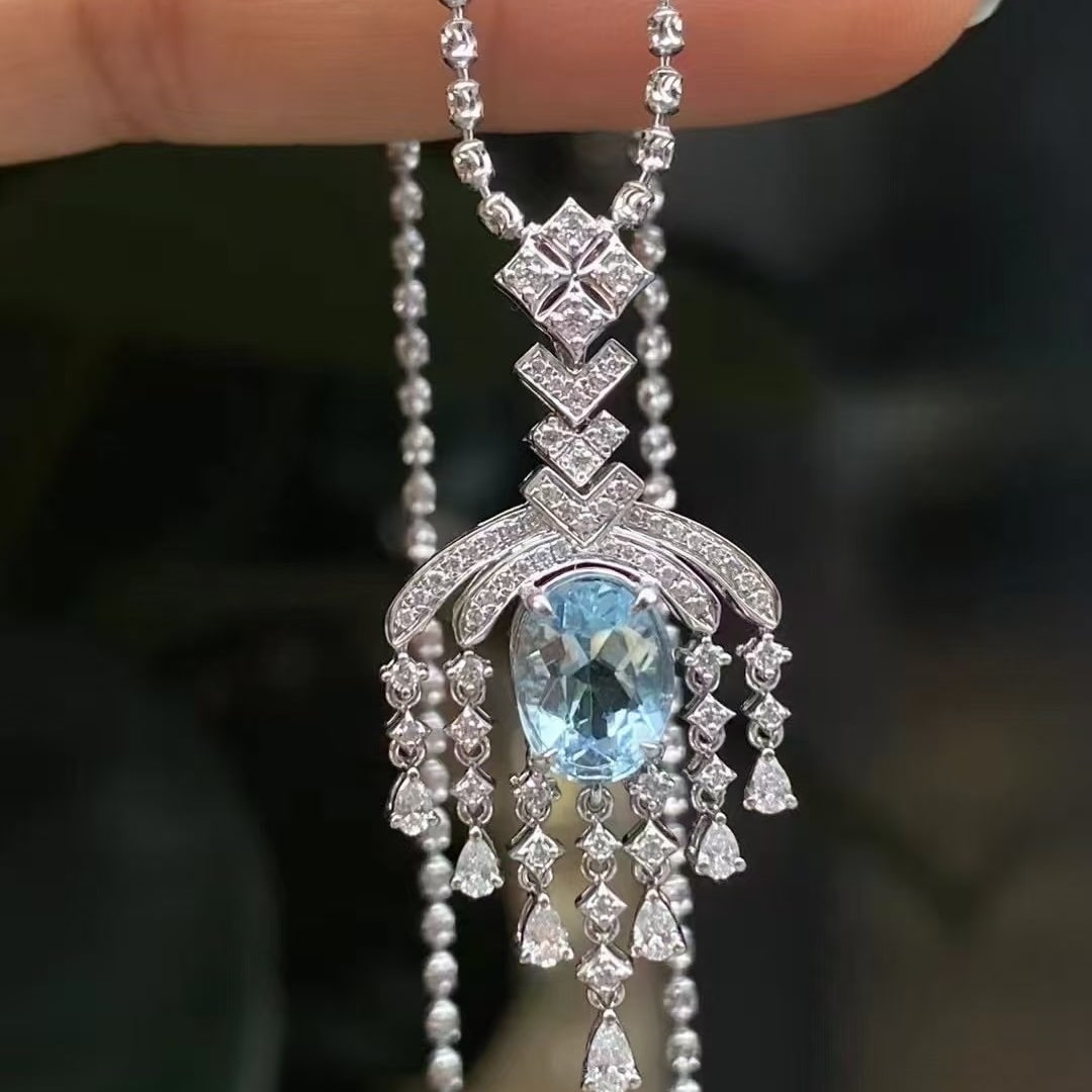 14k Gold 1.62 Ctw Natural Aquamarine & Diamond Pendant( Without Chain ) - 3