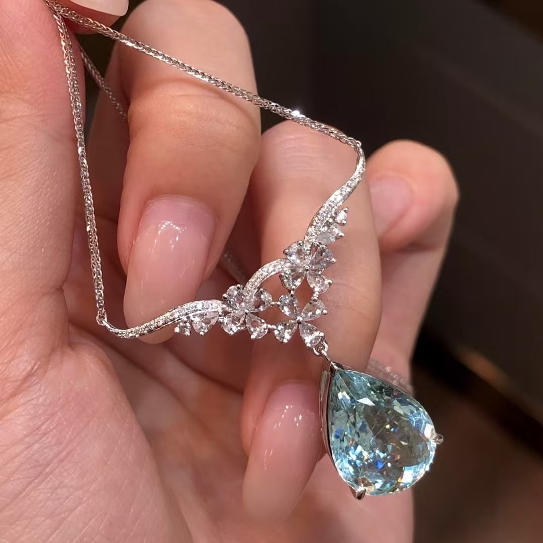 14k Gold 8.14 Ctw Natural Aquamarine & Sapphire Necklace - 2
