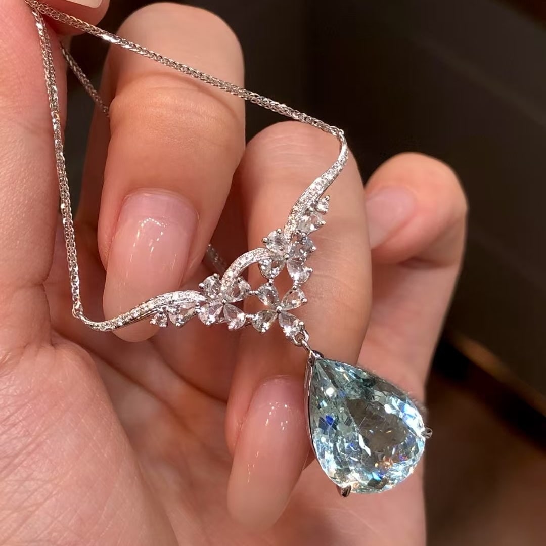 14k Gold 8.14 Ctw Natural Aquamarine & Sapphire Necklace - 3
