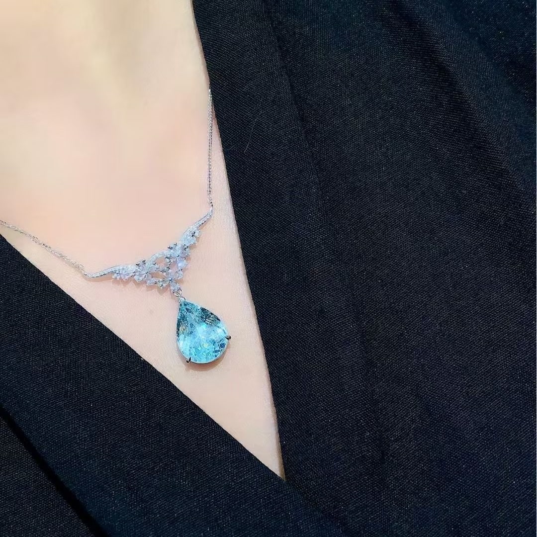 14k Gold 8.14 Ctw Natural Aquamarine & Sapphire Necklace - 4