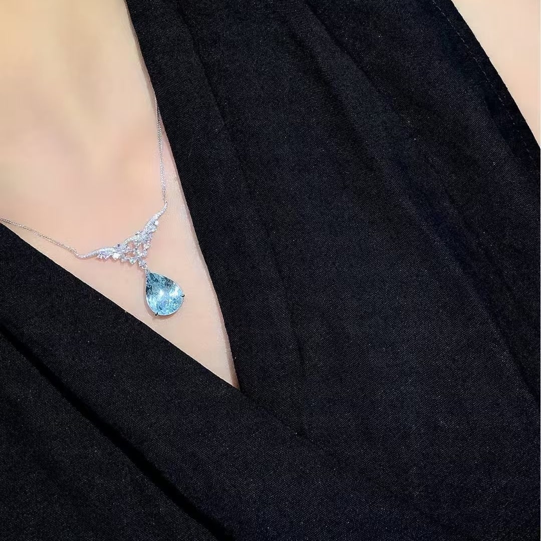 14k Gold 8.14 Ctw Natural Aquamarine & Sapphire Necklace - 5