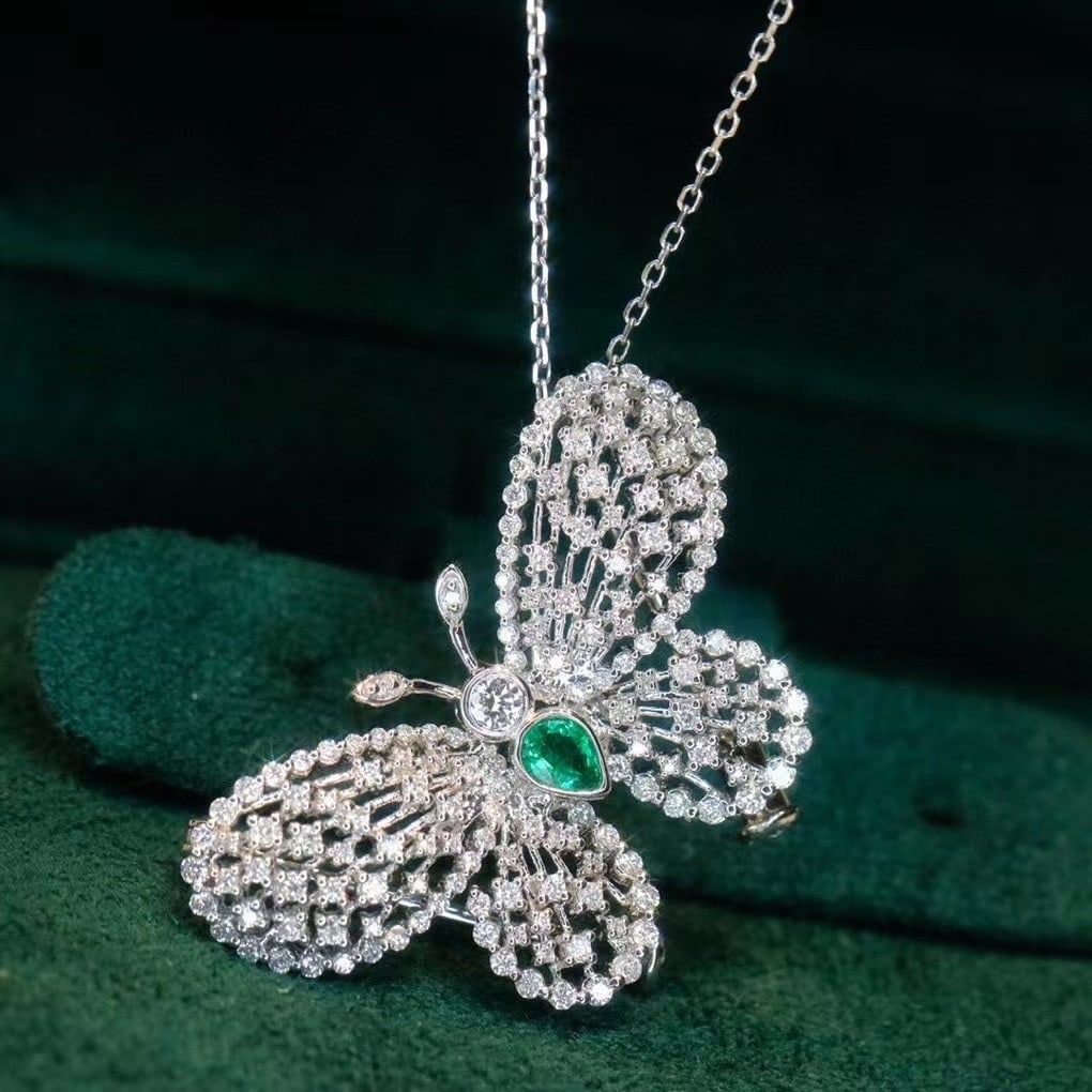 14k Gold 0.90 Ctw Natural Emerald & Diamond & Butterfly Brooch/pendant( Without Chain ) - 2