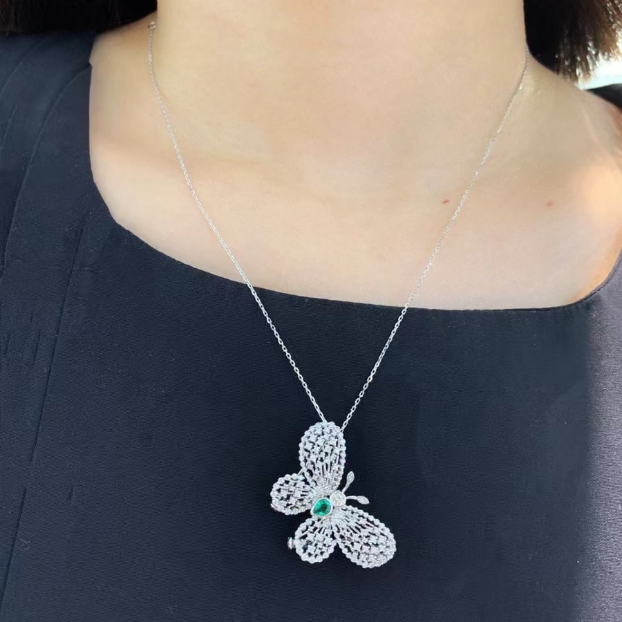 14k Gold 0.90 Ctw Natural Emerald & Diamond & Butterfly Brooch/pendant( Without Chain ) - 6