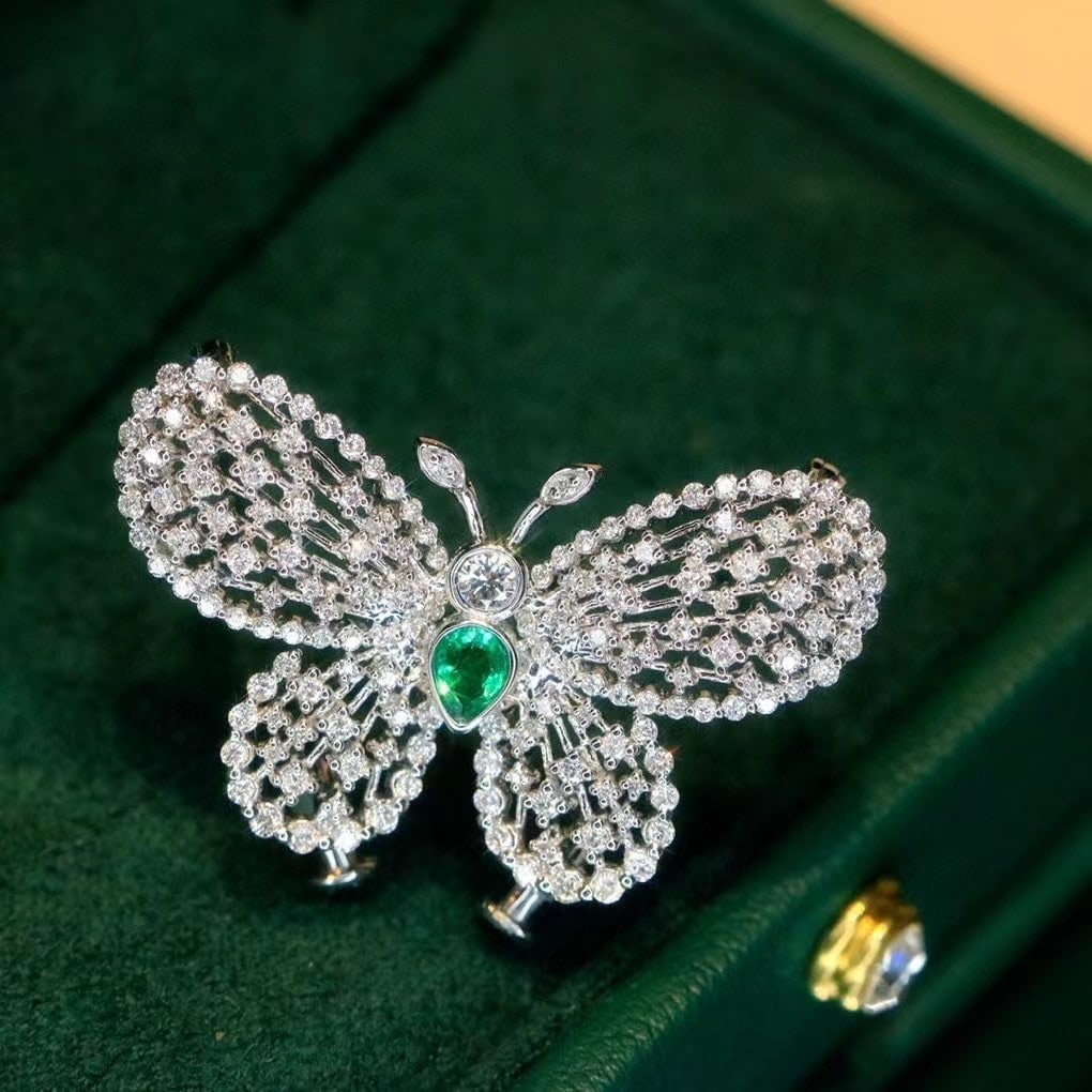 14k Gold 0.90 Ctw Natural Emerald & Diamond & Butterfly Brooch/pendant( Without Chain ) - 7