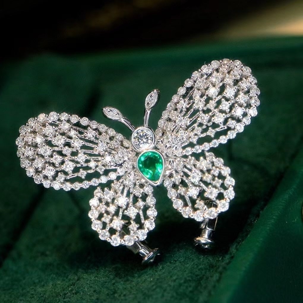 14k Gold 0.90 Ctw Natural Emerald & Diamond & Butterfly Brooch/pendant( Without Chain ) - 8