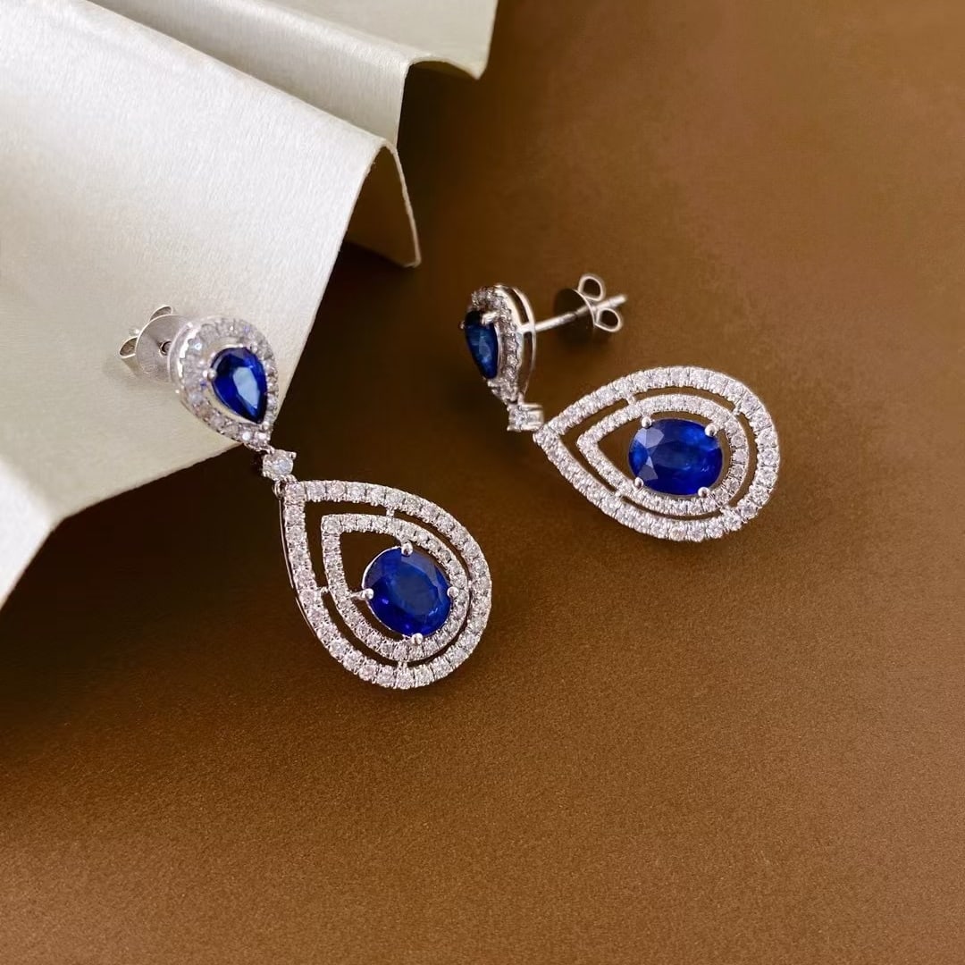 14k Gold 3.19 Ctw Natural Sapphire & Diamond Earrings - 2