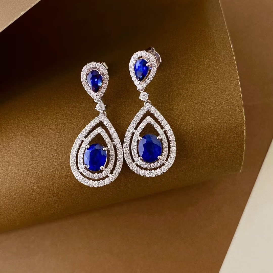 14k Gold 3.19 Ctw Natural Sapphire & Diamond Earrings - 3