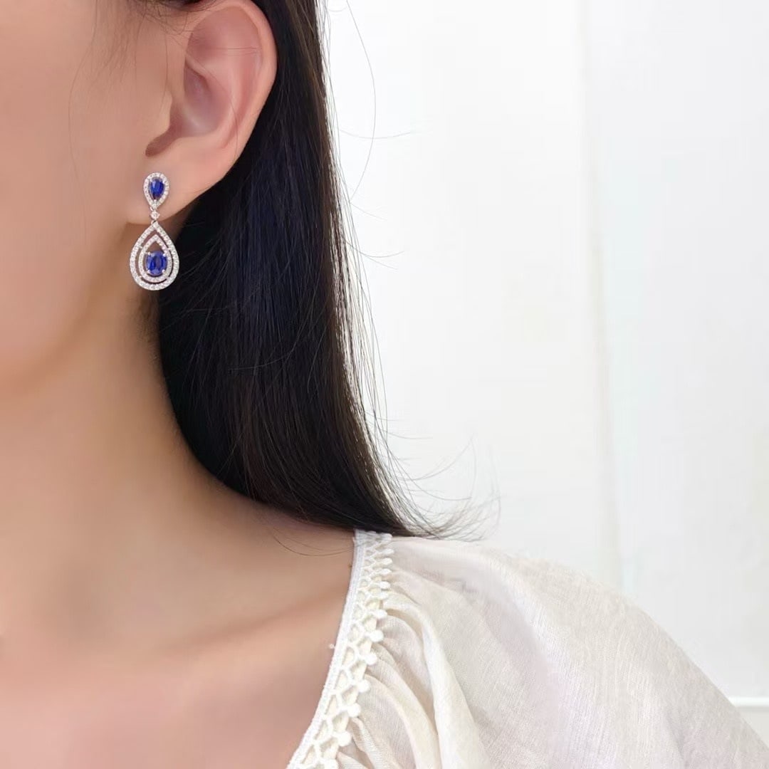 14k Gold 3.19 Ctw Natural Sapphire & Diamond Earrings - 6