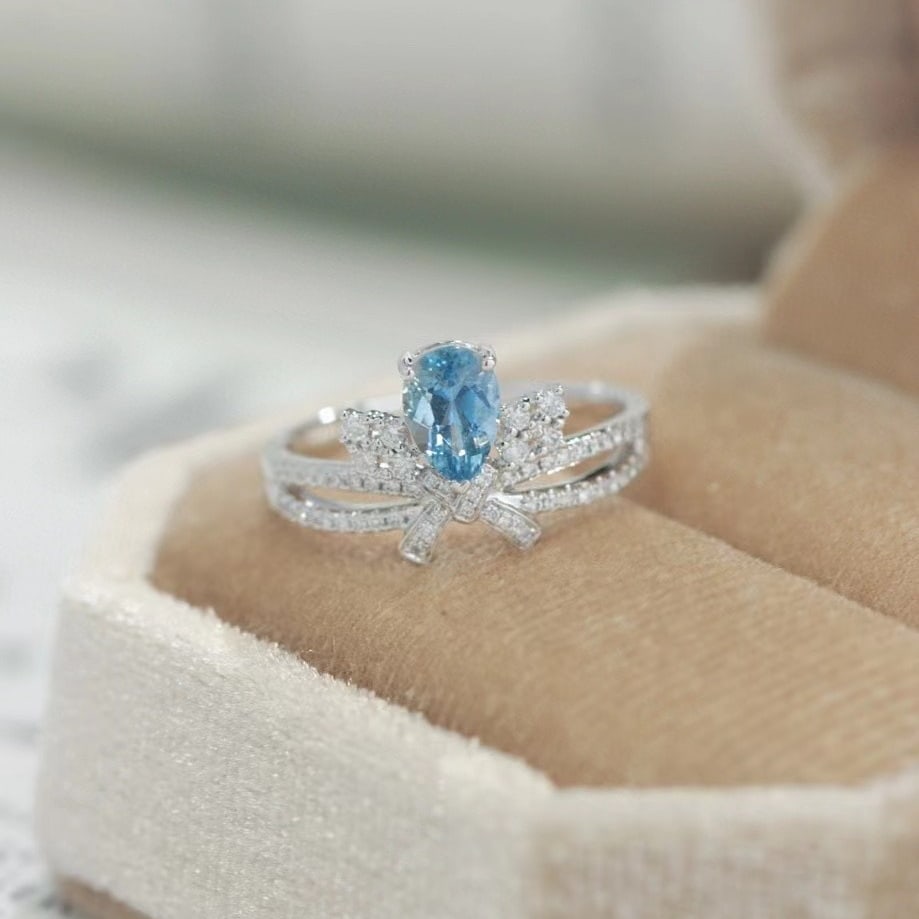 14k Gold 0.68 Ct Natural Aquamarine & Diamond Ring - 2