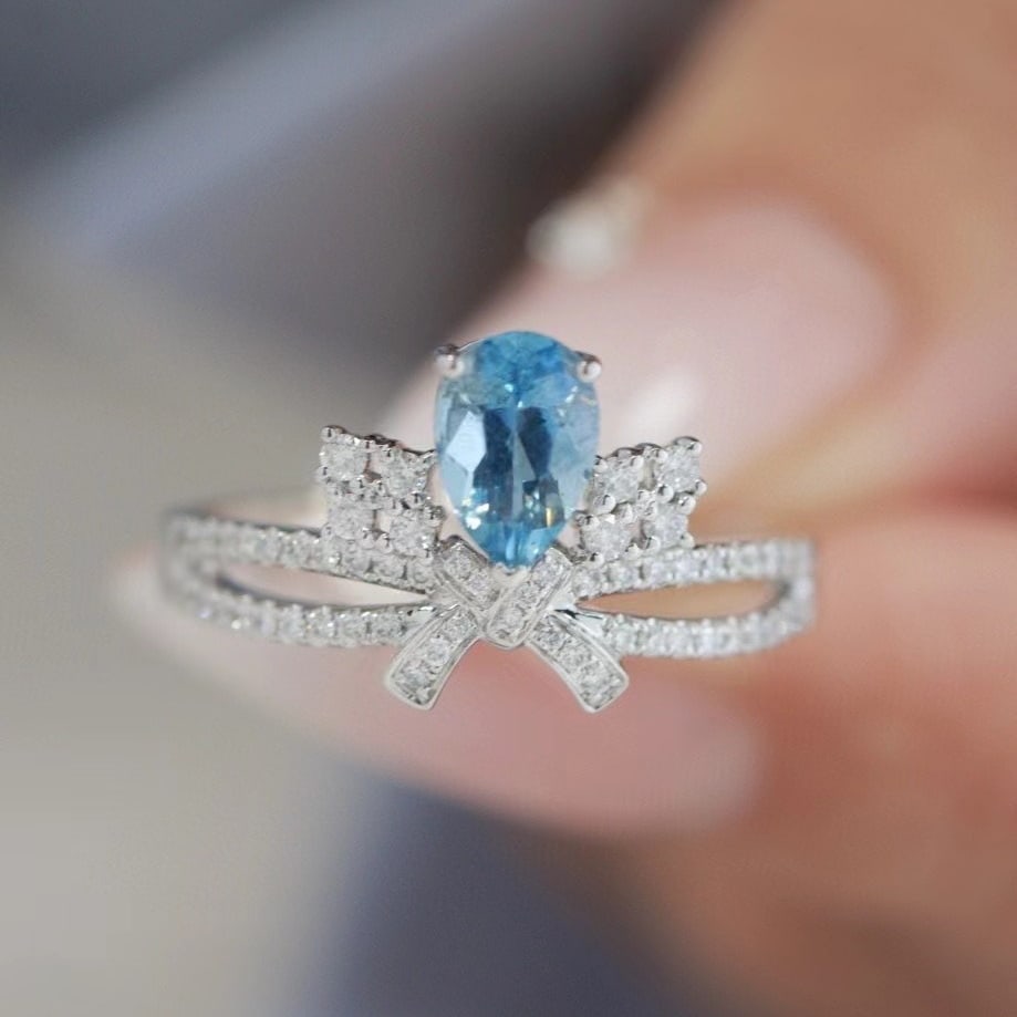 14k Gold 0.68 Ct Natural Aquamarine & Diamond Ring - 4