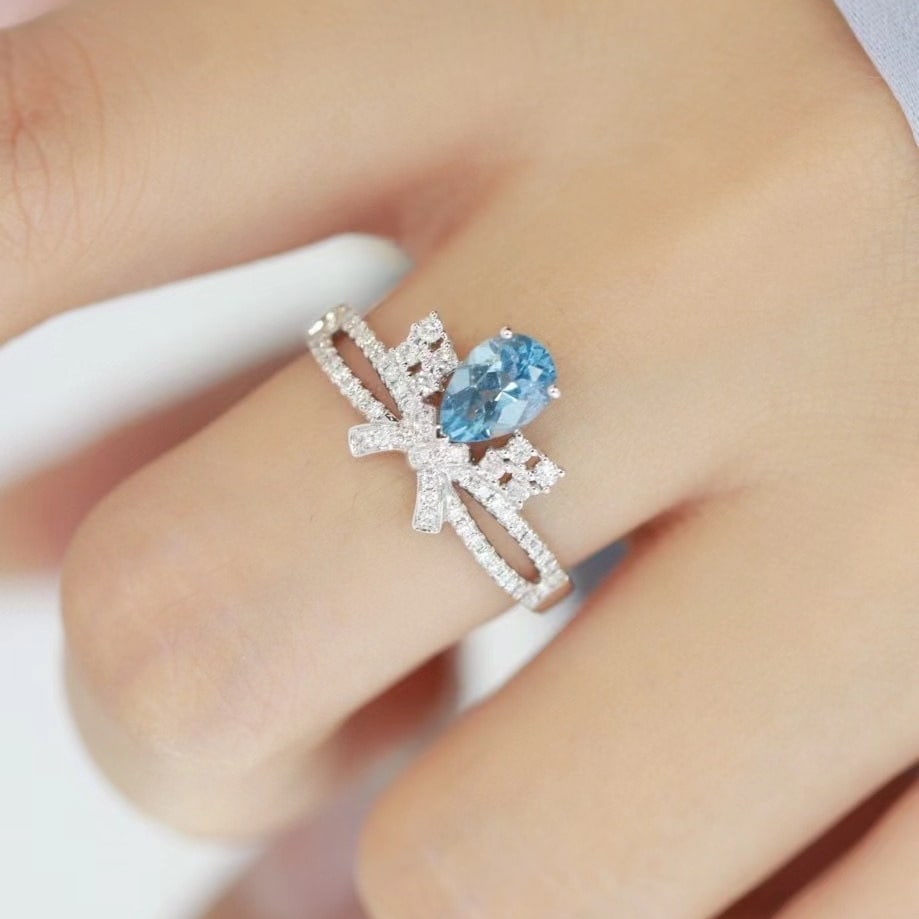 14k Gold 0.68 Ct Natural Aquamarine & Diamond Ring - 5