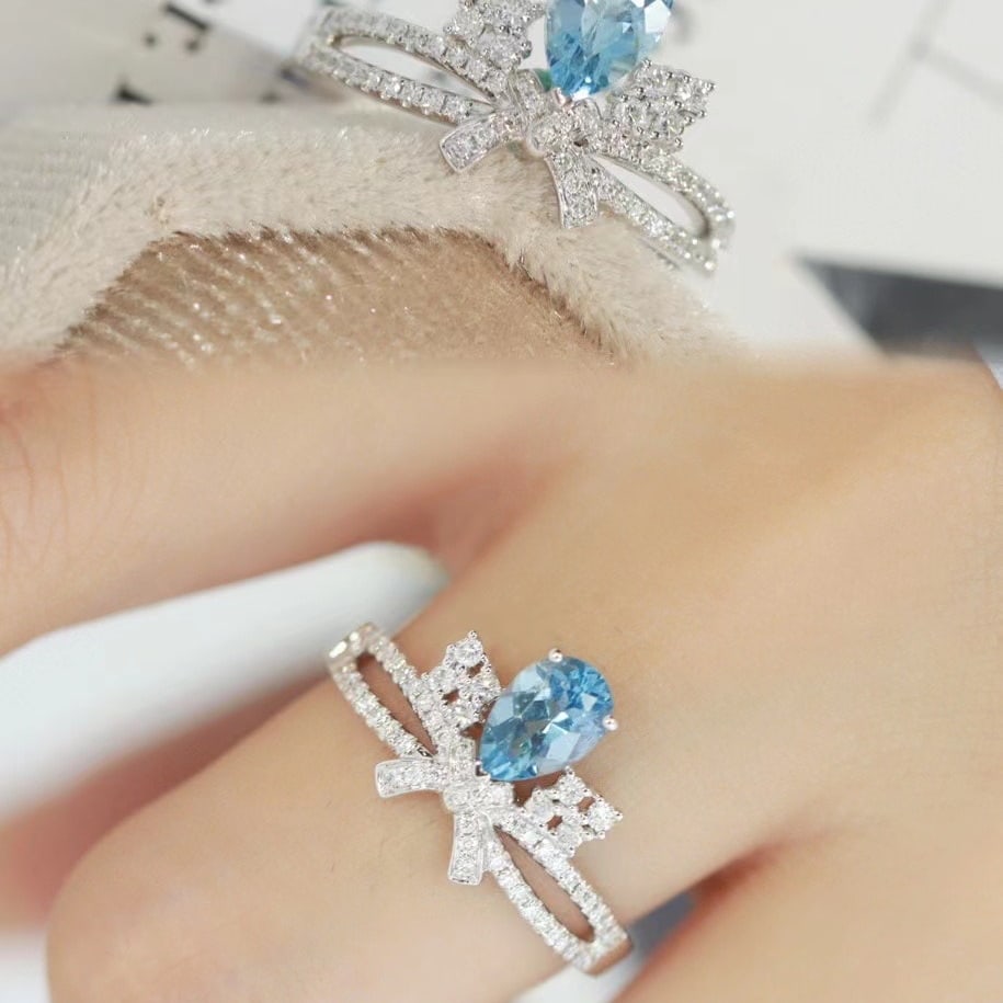 14k Gold 0.68 Ct Natural Aquamarine & Diamond Ring - 6