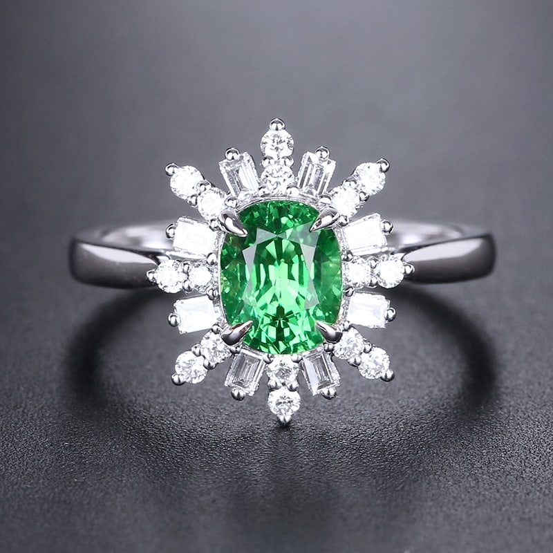 14k Gold 1.73 Ctw Natural Tsavorite & Diamond Ring: Ref:230971074 // gold content:14k gold // ring size:7. 25us // // main gemstone:tsavorite // shape:oval // carat weight:1. 41ct // color:green // treatment:natural // // adjacent gemstone 2 : diamond