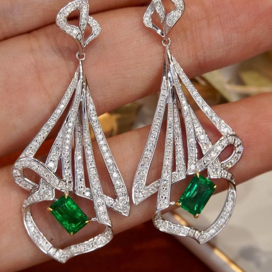 14k Gold 2.08 Ctw Vivid Green Natural Emerald & Diamond Earrings - 4