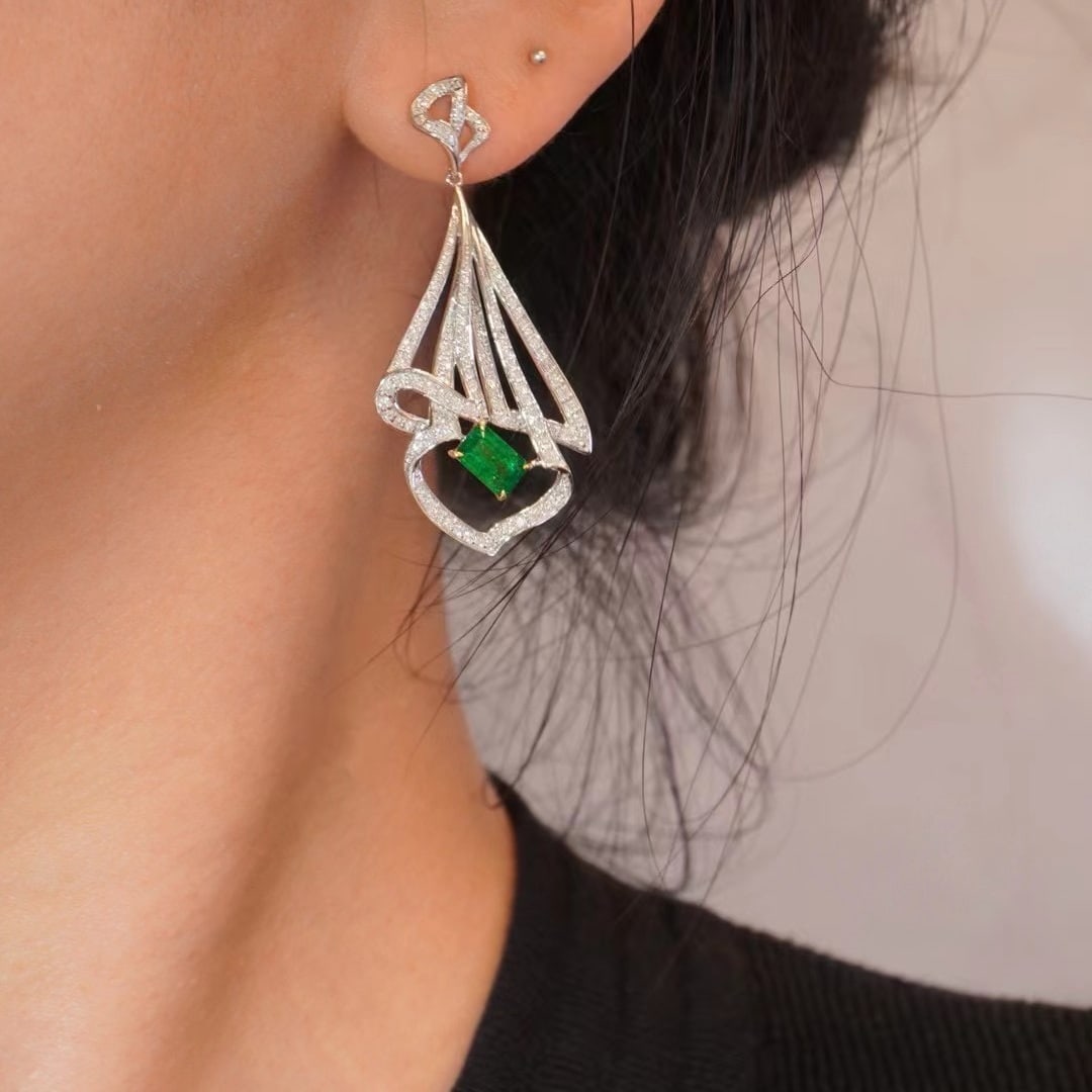 14k Gold 2.08 Ctw Vivid Green Natural Emerald & Diamond Earrings - 7