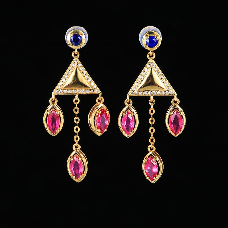 14k Gold 1.80 Ctw Natural Ruby & Sapphire & Diamond Earrings: Ref:230971089 // gold content:14k gold // main gemstone:ruby & sapphire // shape:marquise & round // carat weight:1. 65ct // color:red & blue // treatment:natural // // adjacent gemstone 2 : diamond