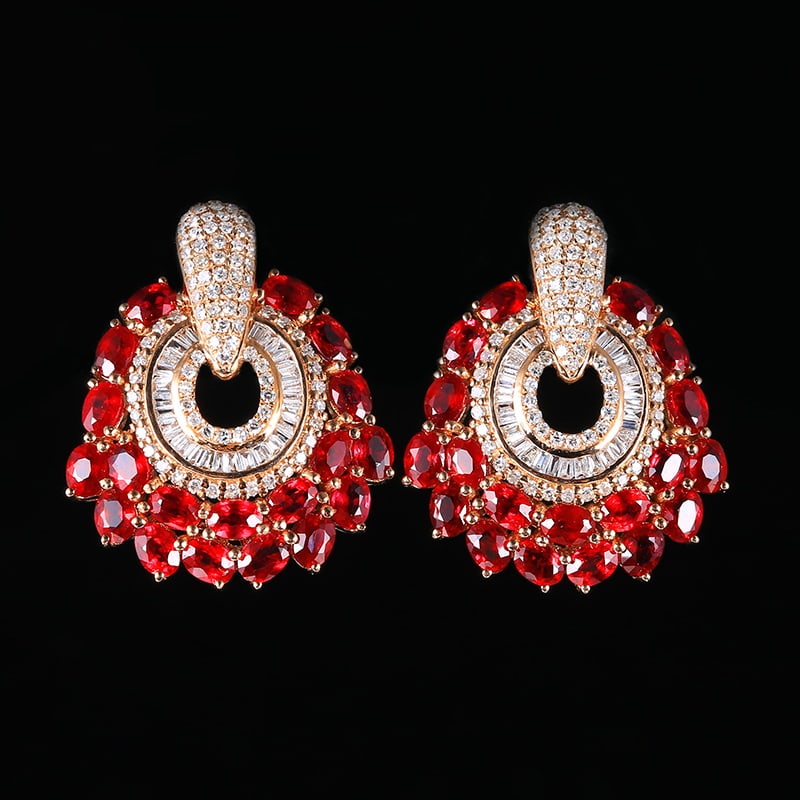 14k Gold 4.77 Ctw Natural Ruby & Diamond Earrings: Ref:230971101 // gold content:14k gold // main gemstone:ruby // shape:oval // carat weight:3. 90ct // color:pigeonblood red // treatment:natural // // adjacent gemstone 2 : diamond // number of