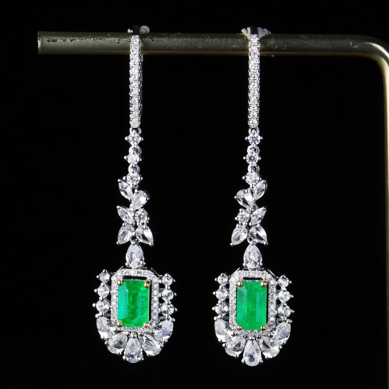 14k Gold 1.96 Ctw Vivid Green Natural Emerald & Diamond Earrings: Ref:230971103 // gold content:14k gold // main gemstone:emerald // shape:octagonal // carat weight:1. 7ct // color:vivid green // treatment:natural // // adjacent gemstone 2 : diamond // number of