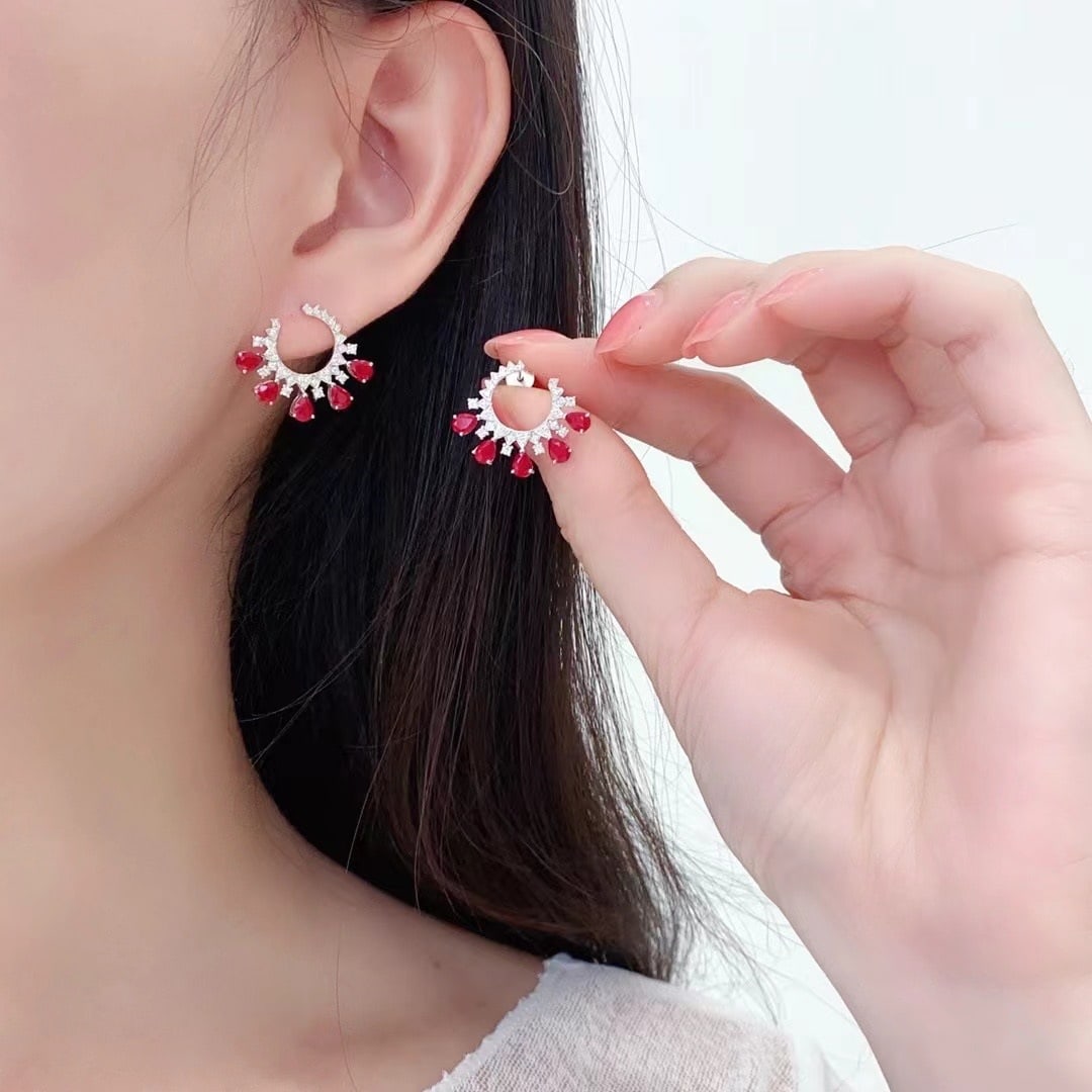 14k Gold 2.3 Ctw Vivid Red Natural Ruby & Diamond Earrings - 3